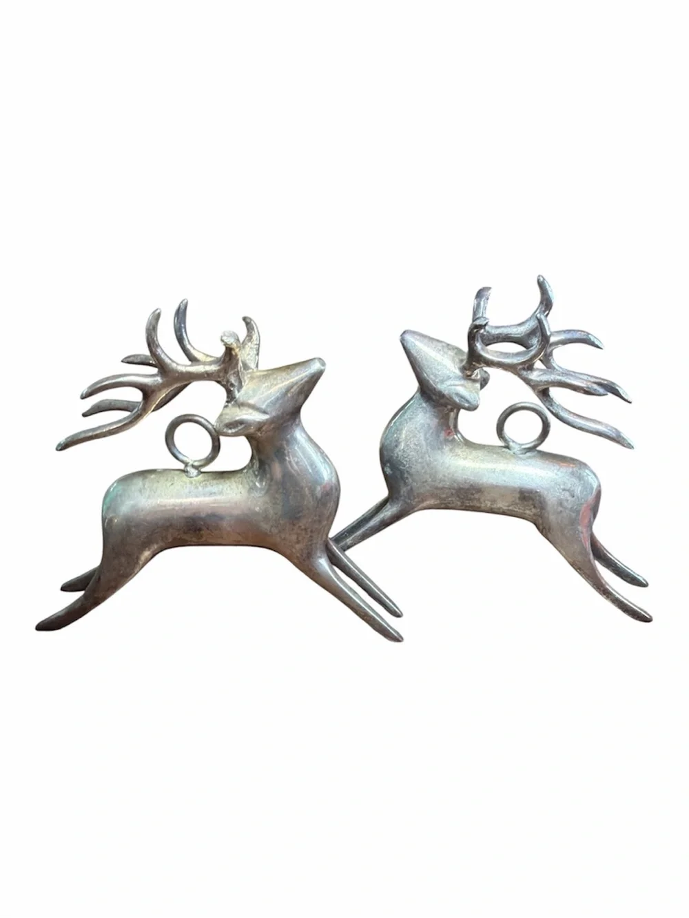 VTG Pottery Barn Silver Plated Leaping Reindeer Ornaments Set of 2 Christmas
